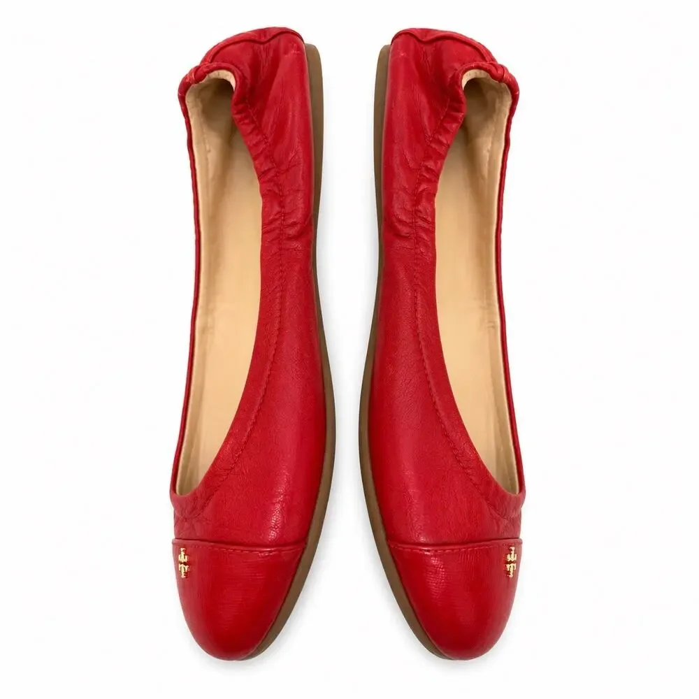 Tory Burch York Cap Toe Poppy Red Leather Ballet Flats Gold Logo Size 7.5